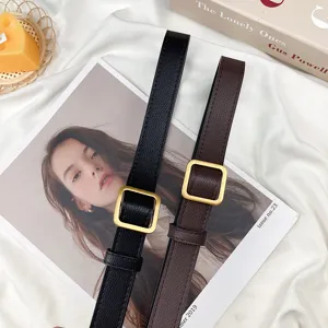 Women's minimalist thin leather belt set with vintage square gold buckle for stylish everyday outfits