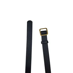 Women's black thin belt with vintage gold square buckle hole-free design versatile fashion