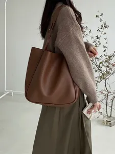 Retro Minimalist Large Capacity Tote Bag Women Fashion PU Leather Single Shoulder Underarm Bag Casual Handbag