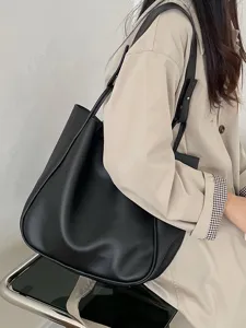 Retro minimalist black leather tote bag, elegant single shoulder underarm bag for daily.