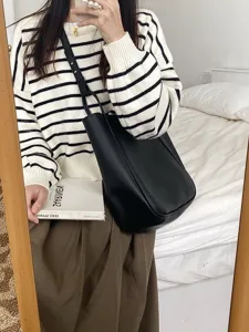 Retro minimalist large capacity black bucket bag versatile fashion shoulder underarm bag for women