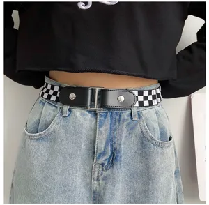 Women's black and white checkerboard elastic belt, buckle-free design, casual daily waist accessory.