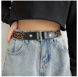 Leopard print buckle-free elastic lazy belt for women jeans casual waistband accessory