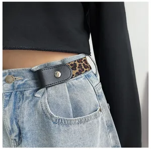 Buckle-free elastic belt for women, invisible stretch waist strap with snap button detail.