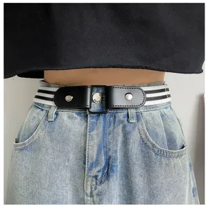 Elastic buckle free waist belt for women, casual stripe denim pants accessory detail view.