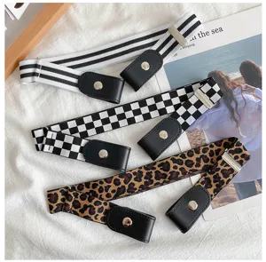 Women buckle free lazy elastic waist belt checkerboard leopard striped denim jeans accessory