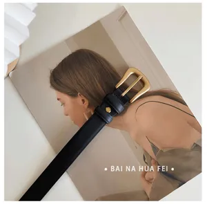 Ceinture en cuir noir classique femme avec boucle dorée mate élégante polyvalente tous les jours