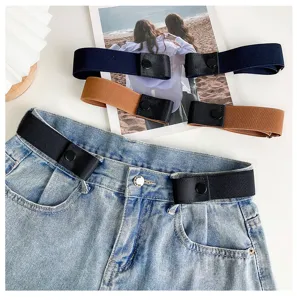 Detail view of buckle-free elastic stretch lazy belt showing metal clasp and strap.
