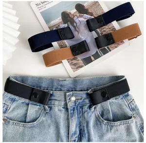 Close-up detail of invisible elastic belt with snap closure, stretch waistband for jeans.
