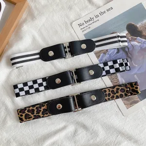 Women's Canvas Elastic Lazy Belt Checkerboard Leopard Print Adjustable Waist Strap Casual Fashion Belt