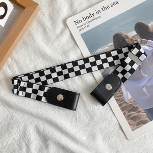 Checkerboard buckle-free lazy belt for women, elastic waist strap with metal press studs.