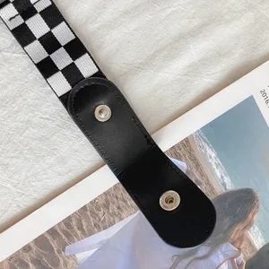 Women checkerboard elastic belt punch-free minimalist black waist strap for jeans