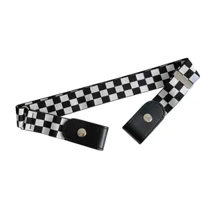 Black and white checkerboard buckle-free lazy belt for women, adjustable elastic waist strap.