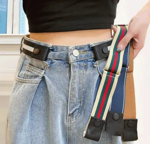 Adjustable buckle-free elastic waist belt for women jeans detail view showing stretch fit.