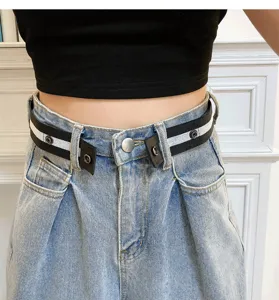 Detail of buckle-free elastic lazy belt for jeans, adjustable invisible waist tightening.