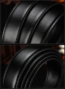 Black leather belt strap detail showing premium texture and fine stitching for men.
