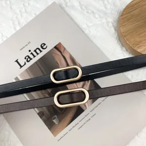 Women thin leather belt set with elegant metal oval buckle for dress skirt suit styling.