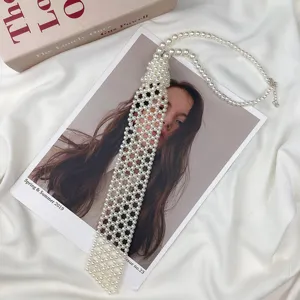 Elegante Perlenkrawatte für Damen, französischer Perlennetz Halsschmuck Hemd Kragen Accessoire.