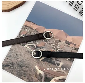 Korean style thin leather belt with metal round buckle, elegant waist strap for dress and shirt.