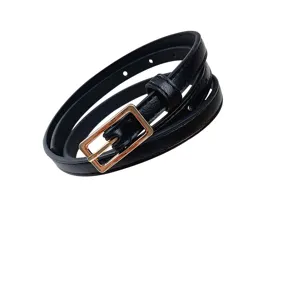 Women's slim black leather belt with gold rectangular buckle main product view for dresses.