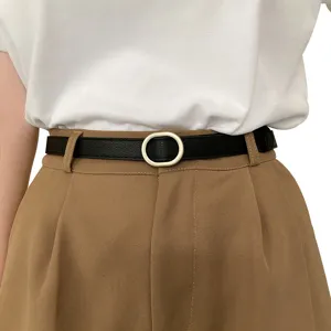 Minimalist thin black leather belt with elegant oval metal buckle for women dress and pants.
