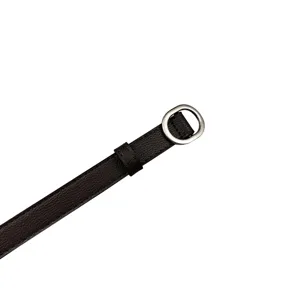 Women's slim leather belt with elegant small oval metal buckle for dress sweater pairing.