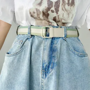 Ceinture en toile rayée vert et blanc pour femme avec boucle métallique style jean