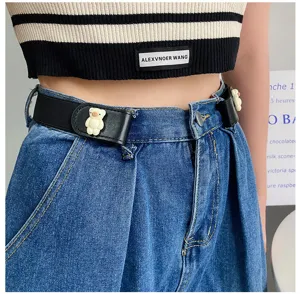 Elastic lazy belt with cute bear buckle for women jeans invisible waist tightening.