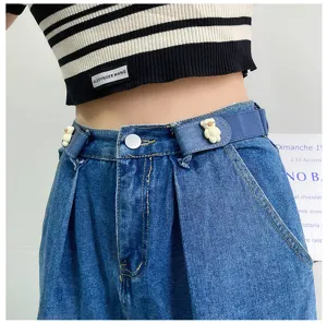 Invisible elastic lazy belt with cute little bear buckle for jeans, stretchy waist tightener.