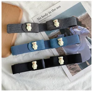 Women elastic waist belt with cute white bear buckle, adjustable invisible stretch jeans belt.