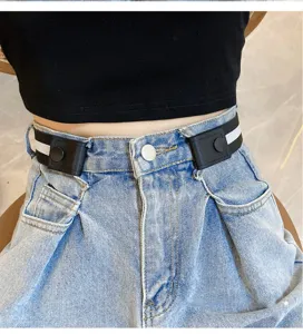 Close-up detail of a buckle-free lazy elastic waist belt worn on jeans, adjustable fit.