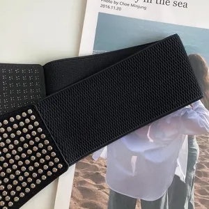 Women's wide elastic waist belt with metal studs punk fashion statement belt for dresses