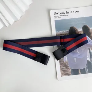 Elastic invisible lazy belt with blue and red stripe design, buckle free for jeans.