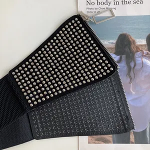 Women wide punk studded waist belt fashion elastic corset cinch belt for coat dress