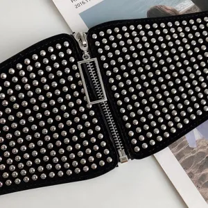 Black wide waist belt for women with metal studs and zipper, front view flat lay display.