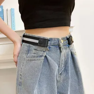 Adjustable elastic waist belt for women, buckle-free invisible design for denim jeans.