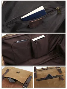Canvas leather travel duffel bag interior zipper pocket detail view for men luggage storage