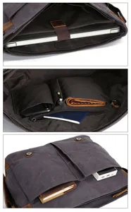 Men's vintage canvas messenger bag interior compartment detail view for daily travel.