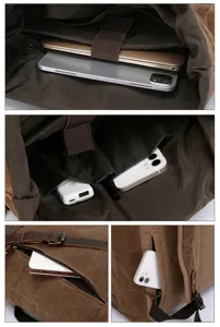 Canvas leather vintage backpack detail view showing spacious compartments and zipper pockets.