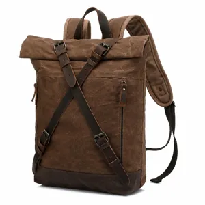 Men Vintage Canvas Backpack Large Capacity Waterproof Casual Travel School Rucksack With Crazy Horse Leather Trim