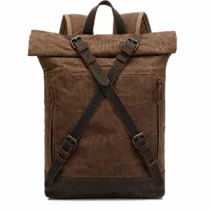 Vintage Mens Canvas Backpack Waterproof Large Capacity Roll Top Travel School Daypacks