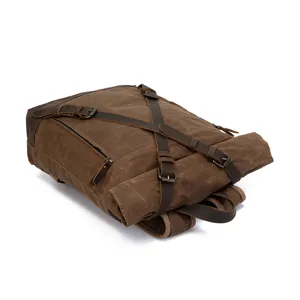Vintage brown wax canvas and crazy horse leather men's backpack outdoor travel bag main view