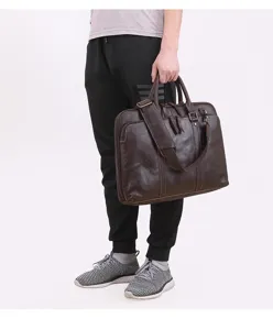 Men genuine leather briefcase 15.6 inch laptop bag business commuter shoulder bag detail view.
