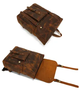 Vintage crazy horse leather men backpack retro casual 15.6 inch laptop bag travel rucksack