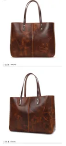 Detailed view of vintage genuine leather tote bag, showing front and bevel angles.