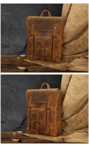 Detailed view of the vintage crazy horse leather backpack showing rich texture and metal hardware.