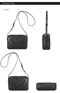 Vue de détail rapprochée du sac bandoulière en cuir matelassé noir sous plusieurs angles.