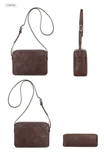 Sac bandoulière en cuir marron avec motif matelassé géométrique pour les déplacements quotidiens.