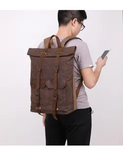 Herren Vintage Segeltuch Leder Rucksack Roll Top Reise Daypack wasserdichte Laptoptasche