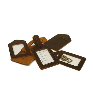 Genuine leather vintage luggage tags with clear window and info card for travel accessories detail